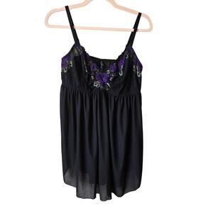 Torrid black mesh lace babydoll with purple and green floral embroidery Size 1